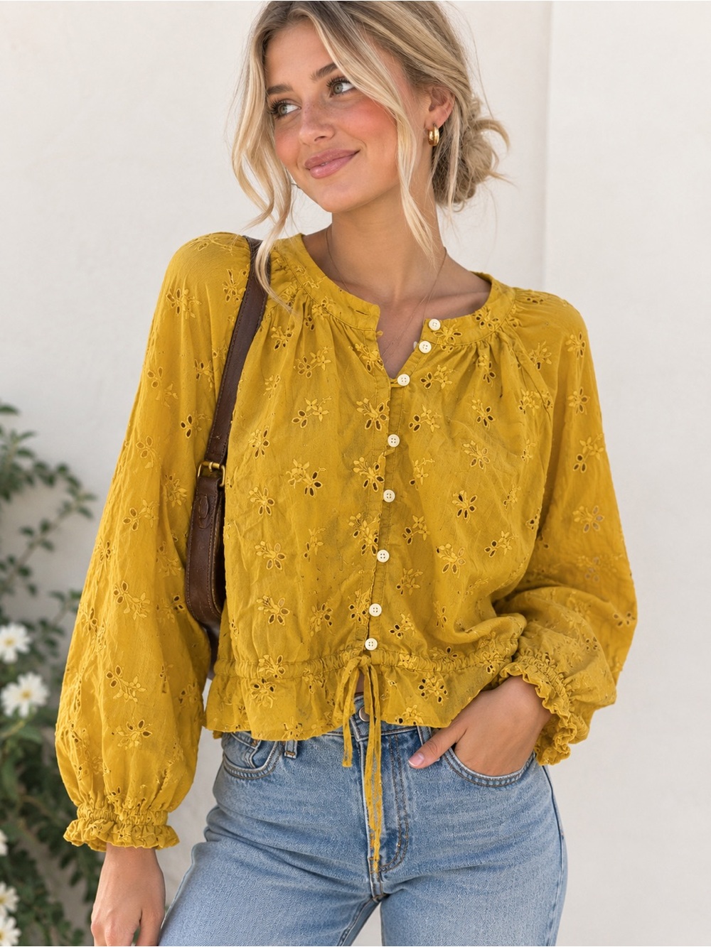 Outerknown Floral Eyelet Embroidered Button-Front Poet Blouse